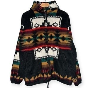 Artesanias Tuntaquimba Men’s M Black Wool Aztec Southwestern Print Hooded Jacket